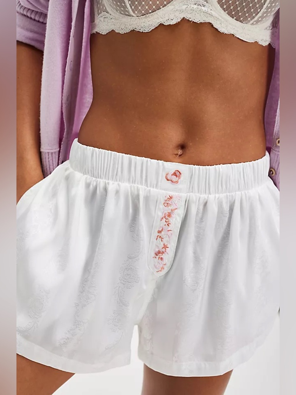 Free People Such A Dreamer Boxers Pink/White Embroidered NWOT